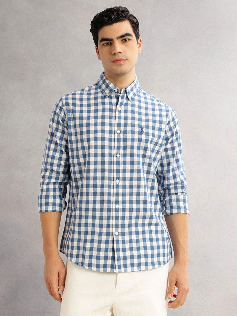 Thomas Scott Men Blue Cricket Club Slim Fit Long Sleeves Button-Down Collar Gingham Checks Cotton Linen Casual Shirt