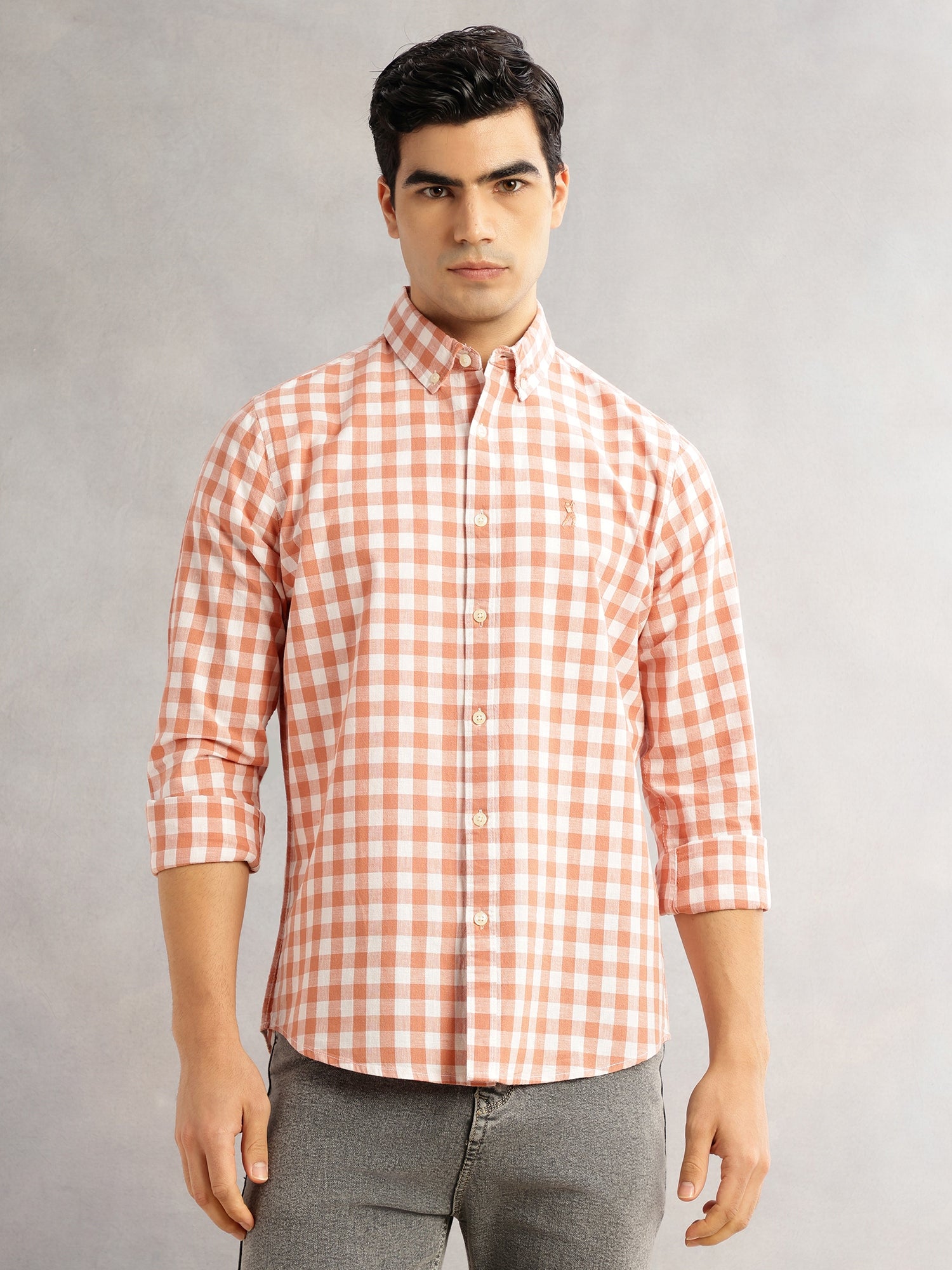 Thomas Scott Men Peach Cricket Club Slim Fit Long Sleeves Button-Down Collar Gingham Checks Cotton Linen Casual Shirt