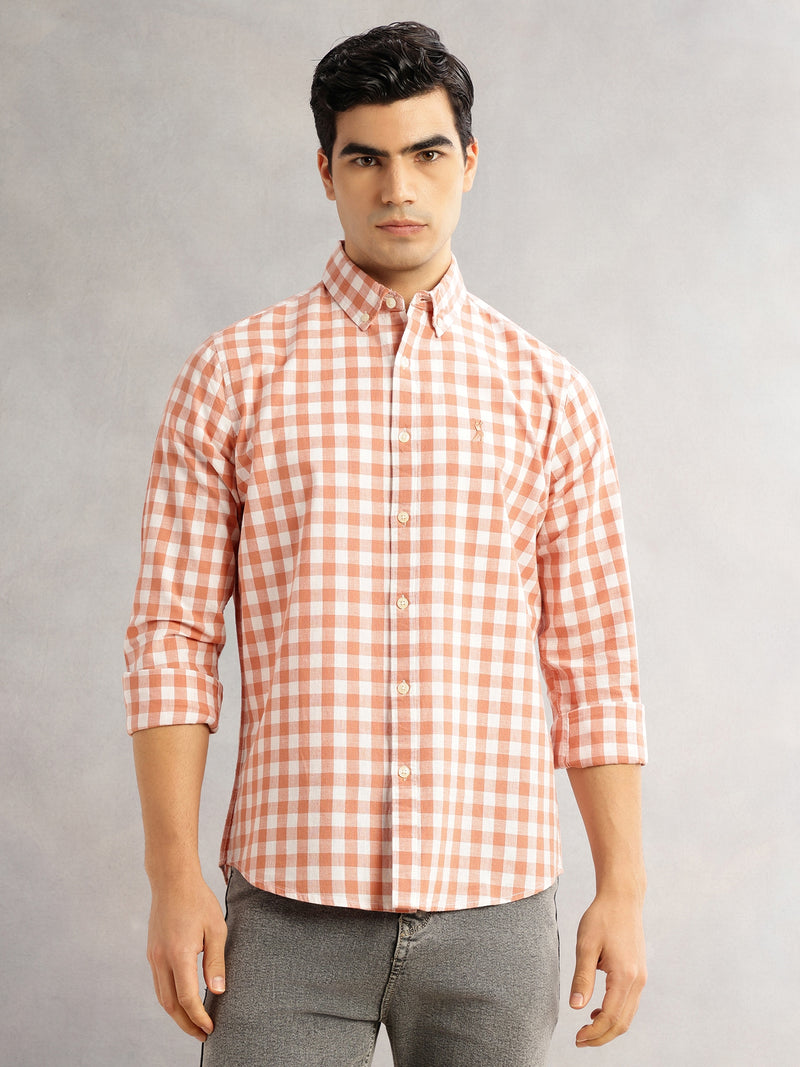 Thomas Scott Men Peach Cricket Club Slim Fit Long Sleeves Button-Down Collar Gingham Checks Cotton Linen Casual Shirt