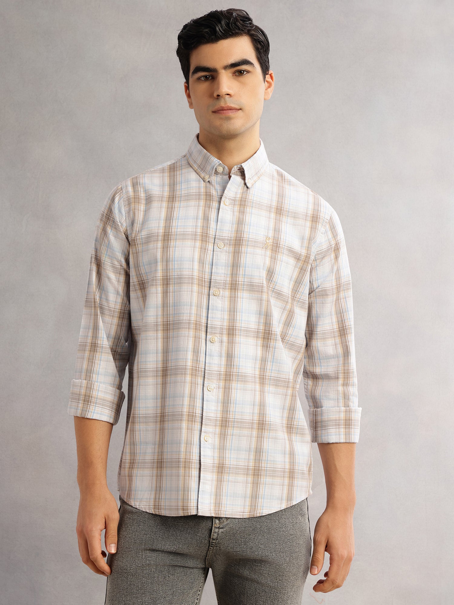 Thomas Scott Men Beige Cricket Club Slim Fit Long Sleeves Button-Down Collar Windowpane Checks 100% Cotton Casual Shirt