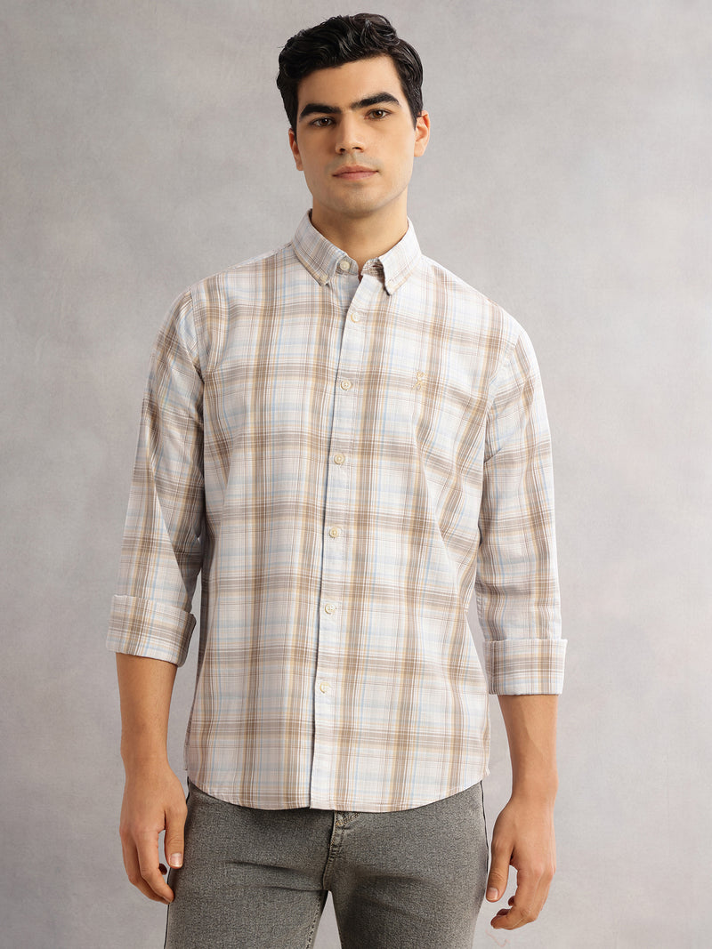Thomas Scott Men Beige Cricket Club Slim Fit Long Sleeves Button-Down Collar Windowpane Checks 100% Cotton Casual Shirt