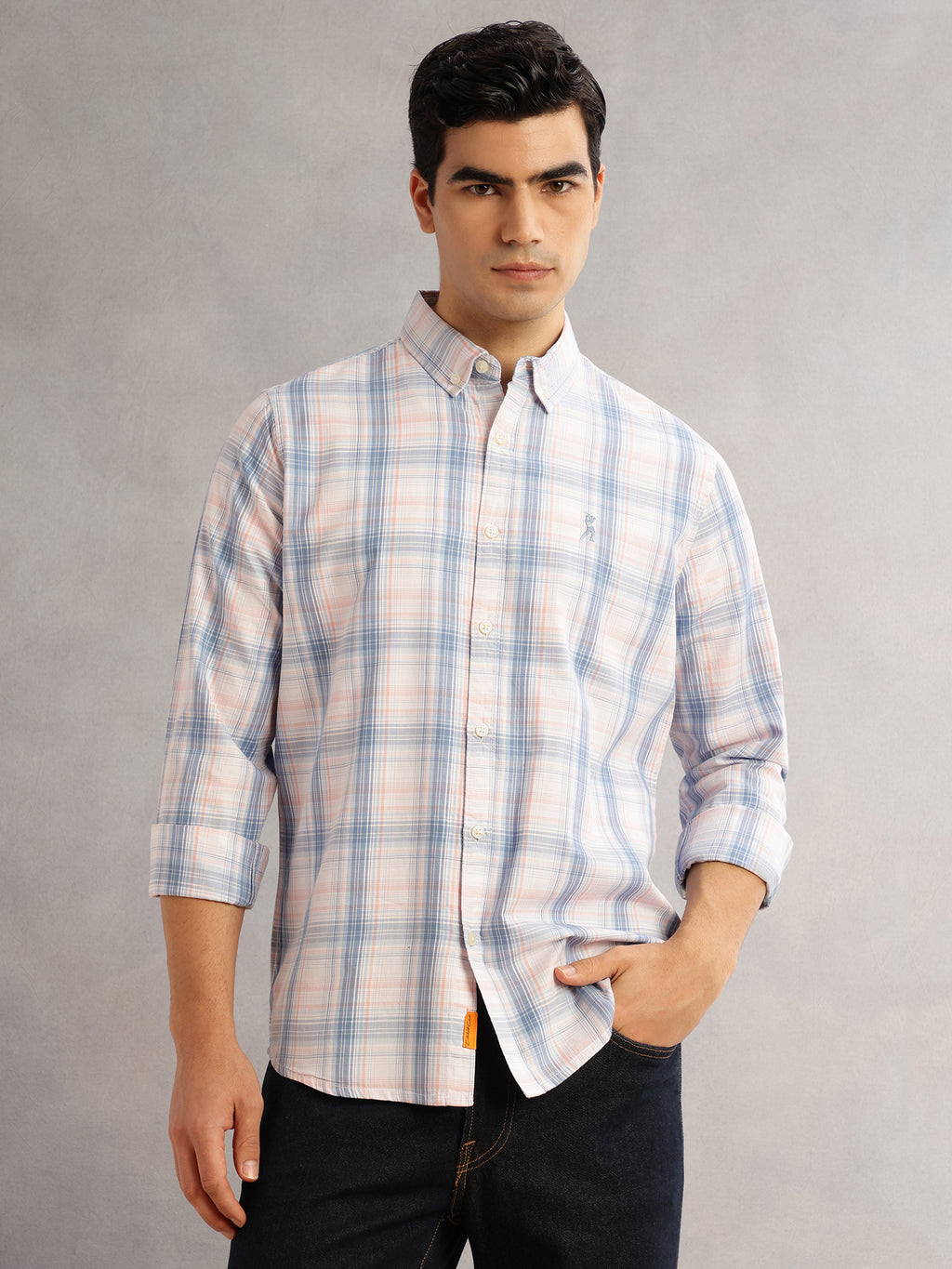Thomas Scott Men Blue Cricket Club Slim Fit Long Sleeves Button-Down Collar Windowpane Checks 100% Cotton Casual Shirt