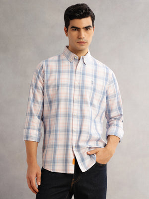 Thomas Scott Men Blue Cricket Club Slim Fit Long Sleeves Button-Down Collar Windowpane Checks 100% Cotton Casual Shirt