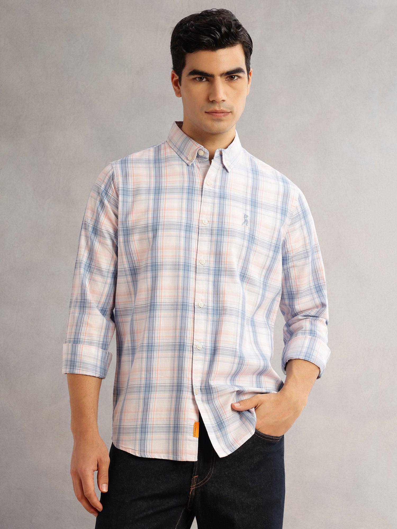 Thomas Scott Men Blue Cricket Club Slim Fit Long Sleeves Button-Down Collar Windowpane Checks 100% Cotton Casual Shirt