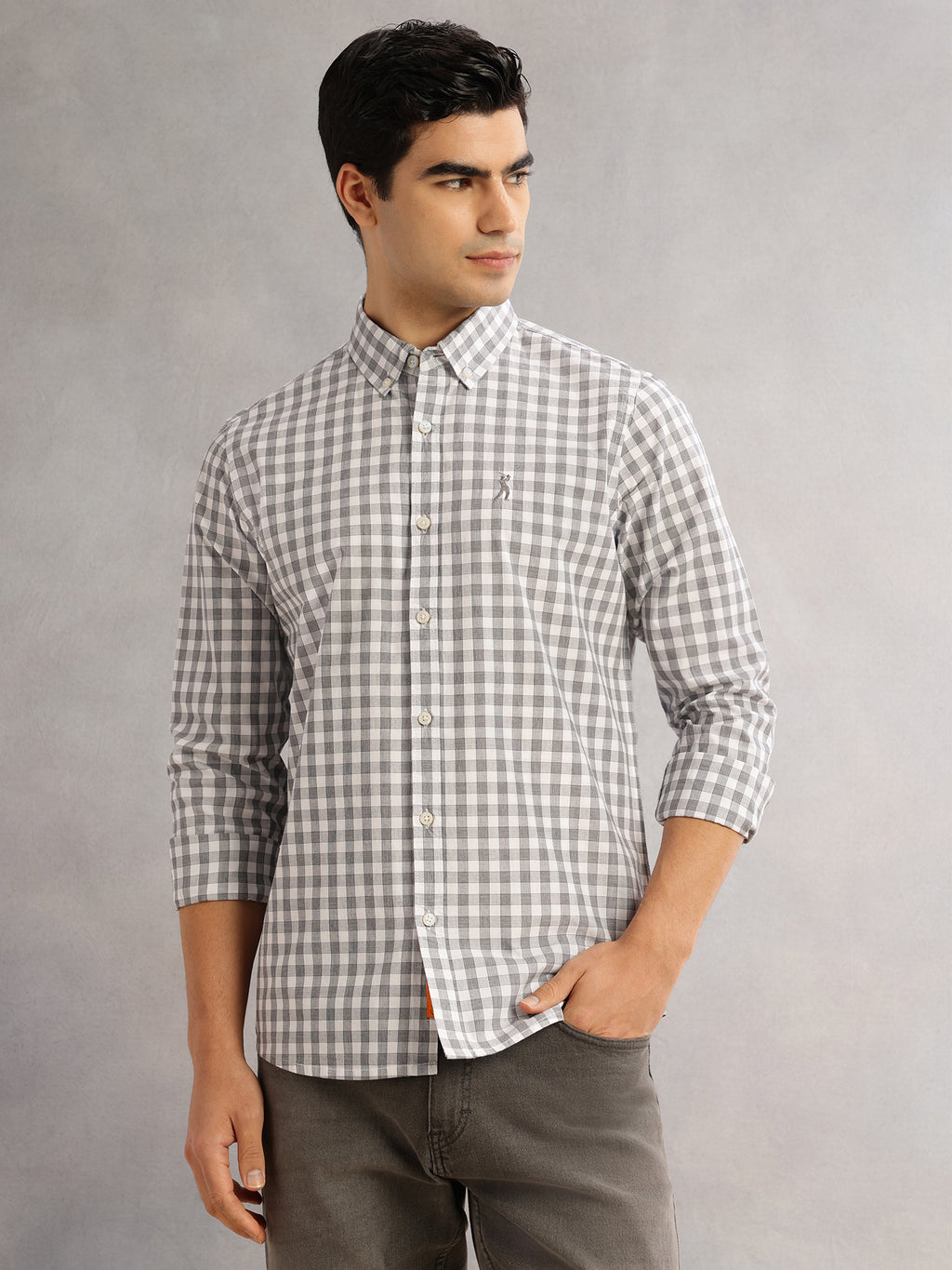 Thomas Scott Men Grey Cricket Club Slim Fit Long Sleeves Button-Down Collar Gingham Checks 100% Cotton Casual Shirt