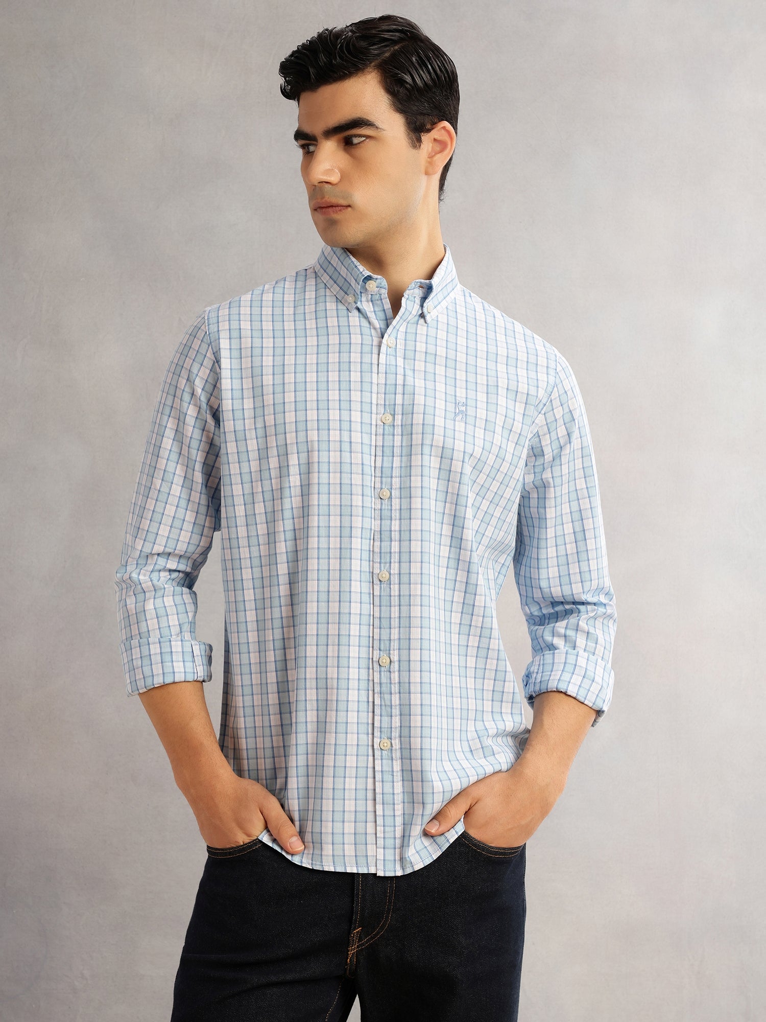 Thomas Scott Men Aqua Cricket Club Slim Fit Long Sleeves Button-Down Collar Gingham Checks 100% Cotton Casual Shirt