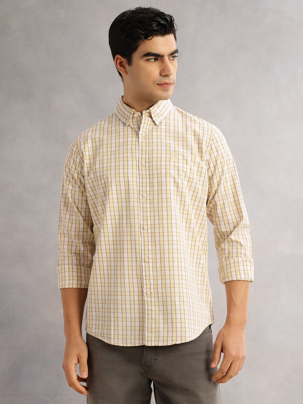 Thomas Scott Men Mustard Cricket Club Slim Fit Long Sleeves Button-Down Collar Gingham Checks 100% Cotton Casual Shirt