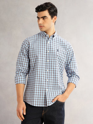 Thomas Scott Men Blue Cricket Club Slim Fit Long Sleeves Button-Down Collar Tartan Checks 100% Cotton Casual Shirt