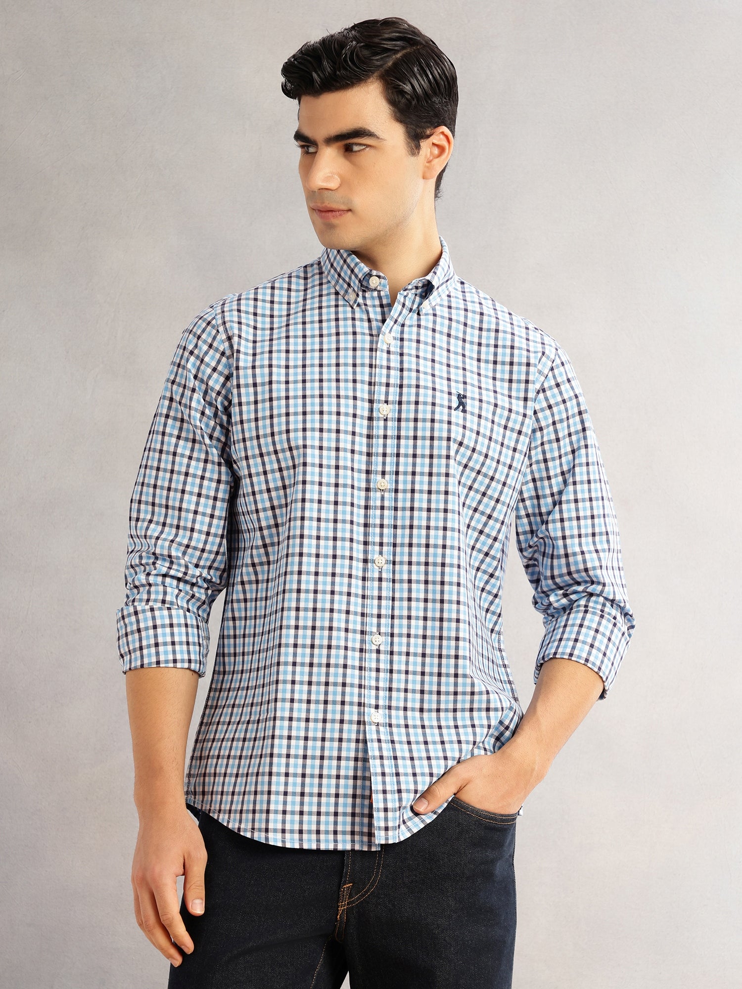 Thomas Scott Men Blue Cricket Club Slim Fit Long Sleeves Button-Down Collar Tartan Checks 100% Cotton Casual Shirt