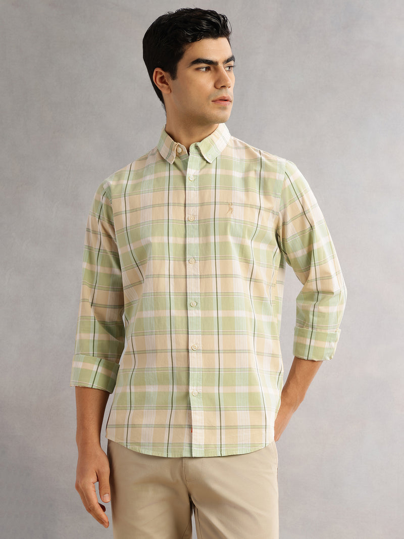 Thomas Scott Men Green Cricket Club Slim Fit Long Sleeves Button-Down Collar Grid Tattersall Checks Casual Shirt