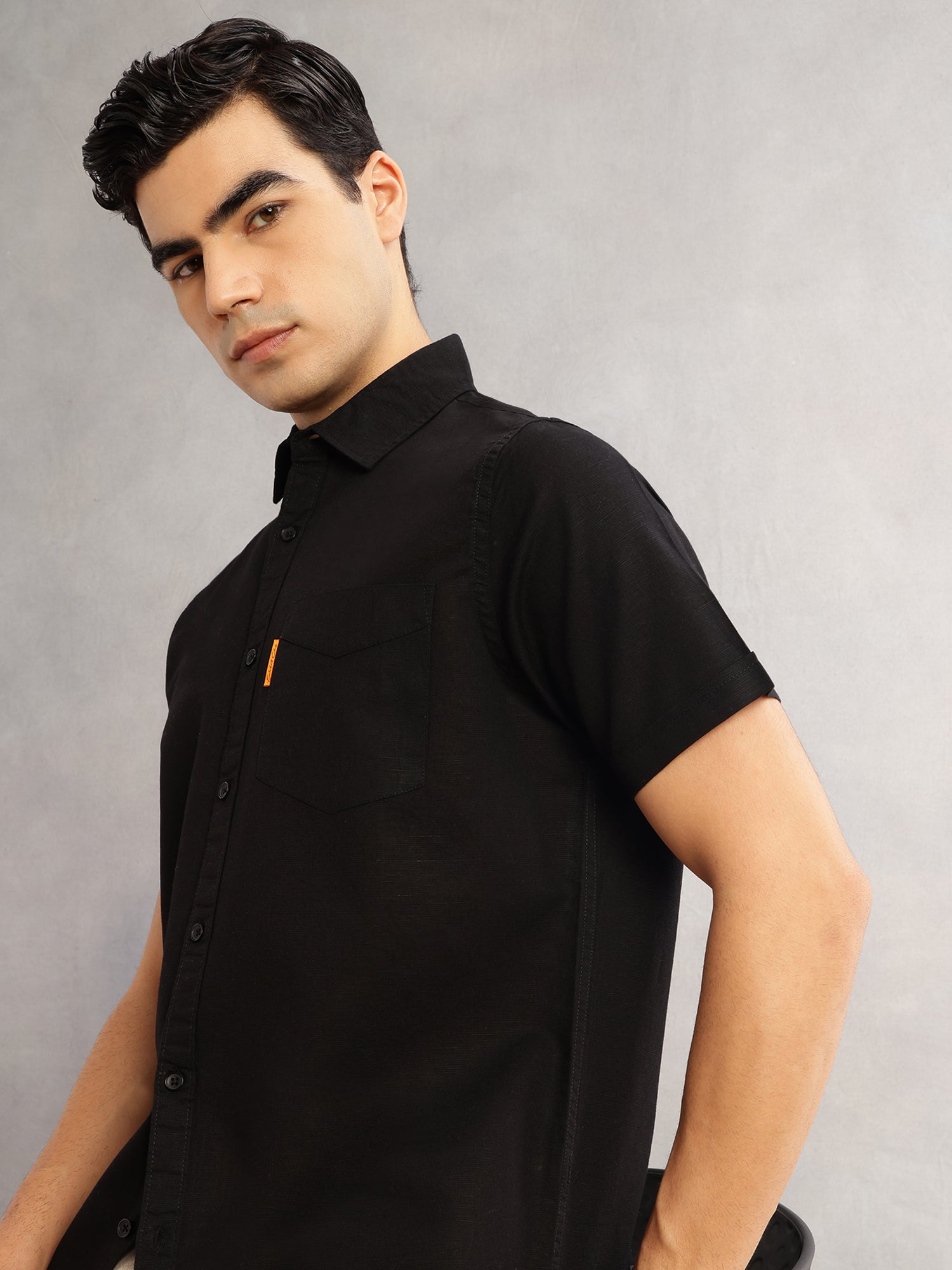 Thomas Scott Men Black Cricket Club Regular Fit Short Sleeves Spread Collar Cotton Linen Casual Shirt