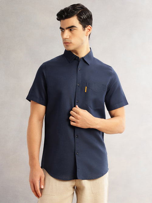 Thomas Scott Men Navy Cricket Club Regular Fit Short Sleeves Spread Collar Cotton Linen Casual Shirt