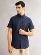 Thomas Scott Men Navy Cricket Club Regular Fit Short Sleeves Spread Collar Cotton Linen Casual Shirt