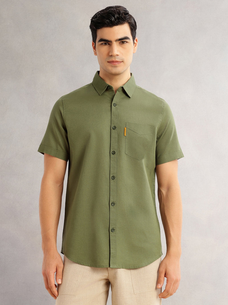 Thomas Scott Men Olive Cricket Club Regular Fit Short Sleeves Spread Collar Cotton Linen Casual Shirt