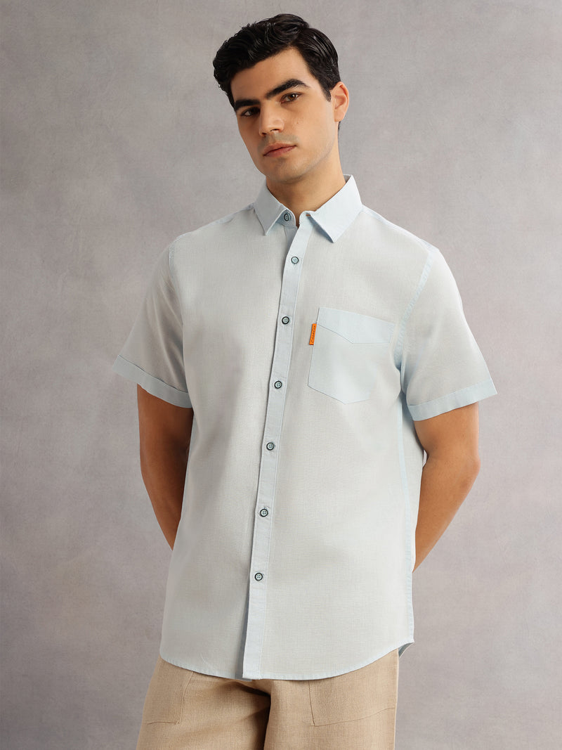Thomas Scott Men SkyBlue Cricket Club Regular Fit Short Sleeves Spread Collar Cotton Linen Casual Shirt