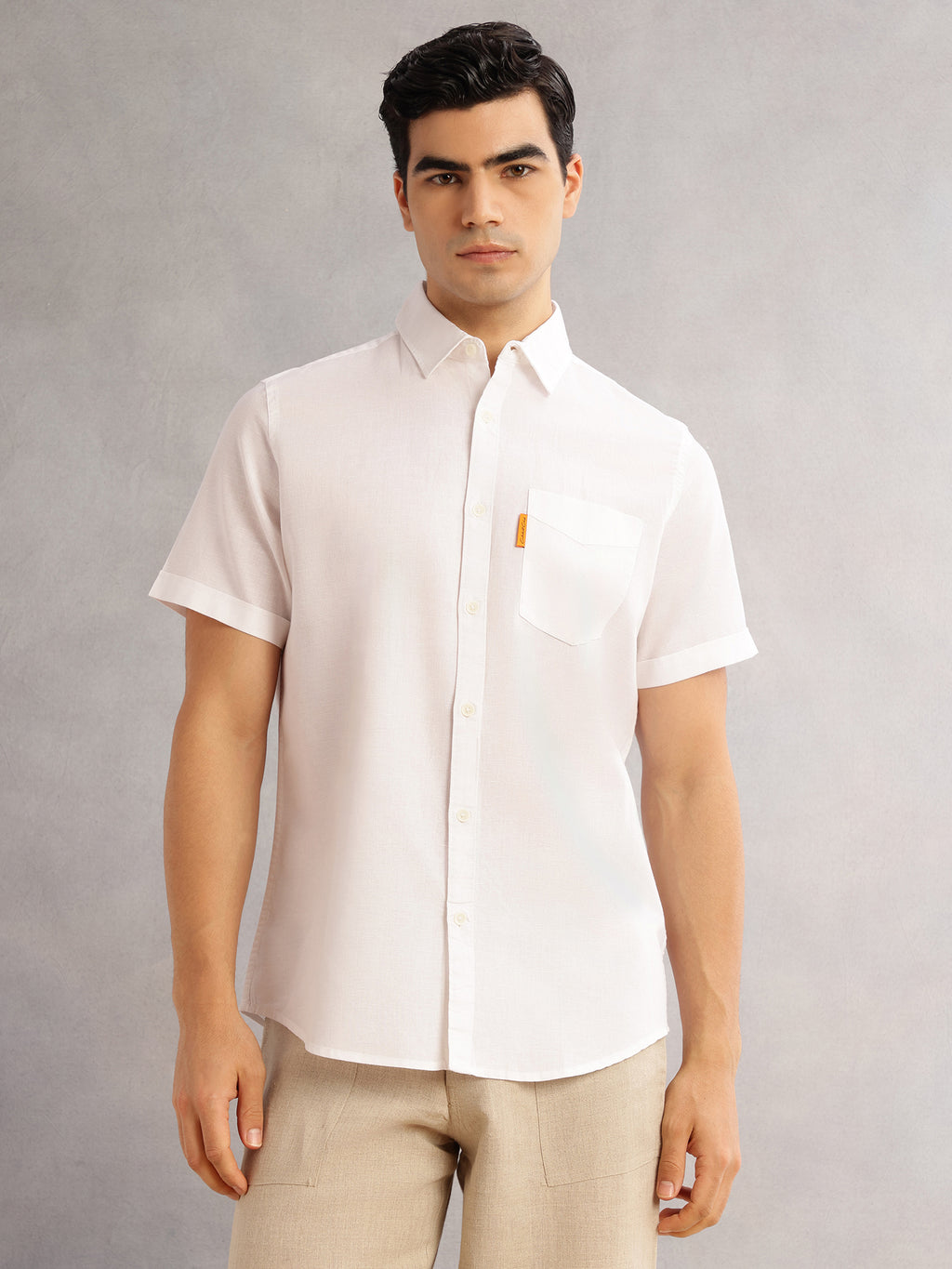 Thomas Scott Men White Cricket Club Regular Fit Short Sleeves Spread Collar Cotton Linen Casual Shirt