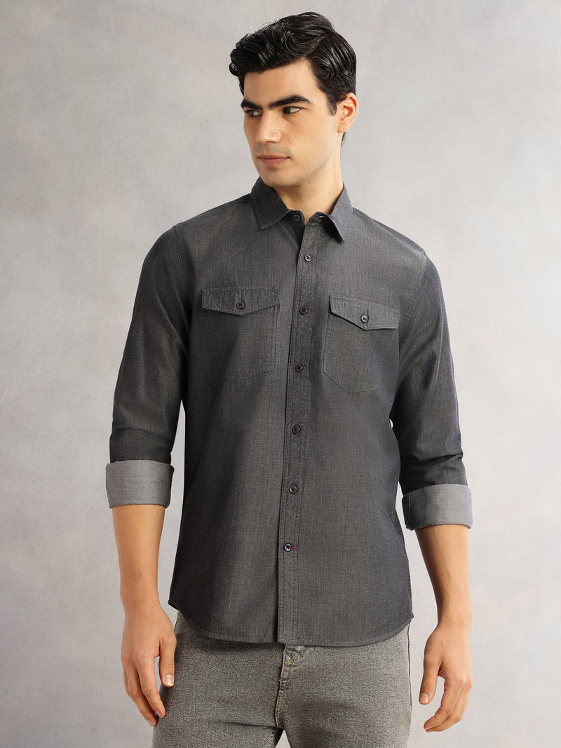 Thomas Scott Men Black Slim Fit Long Sleeves Spread Collar Chambray 100% Cotton Casual Shirt