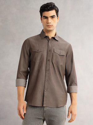 Thomas Scott Men Brown Slim Fit Long Sleeves Spread Collar Chambray 100% Cotton Casual Shirt