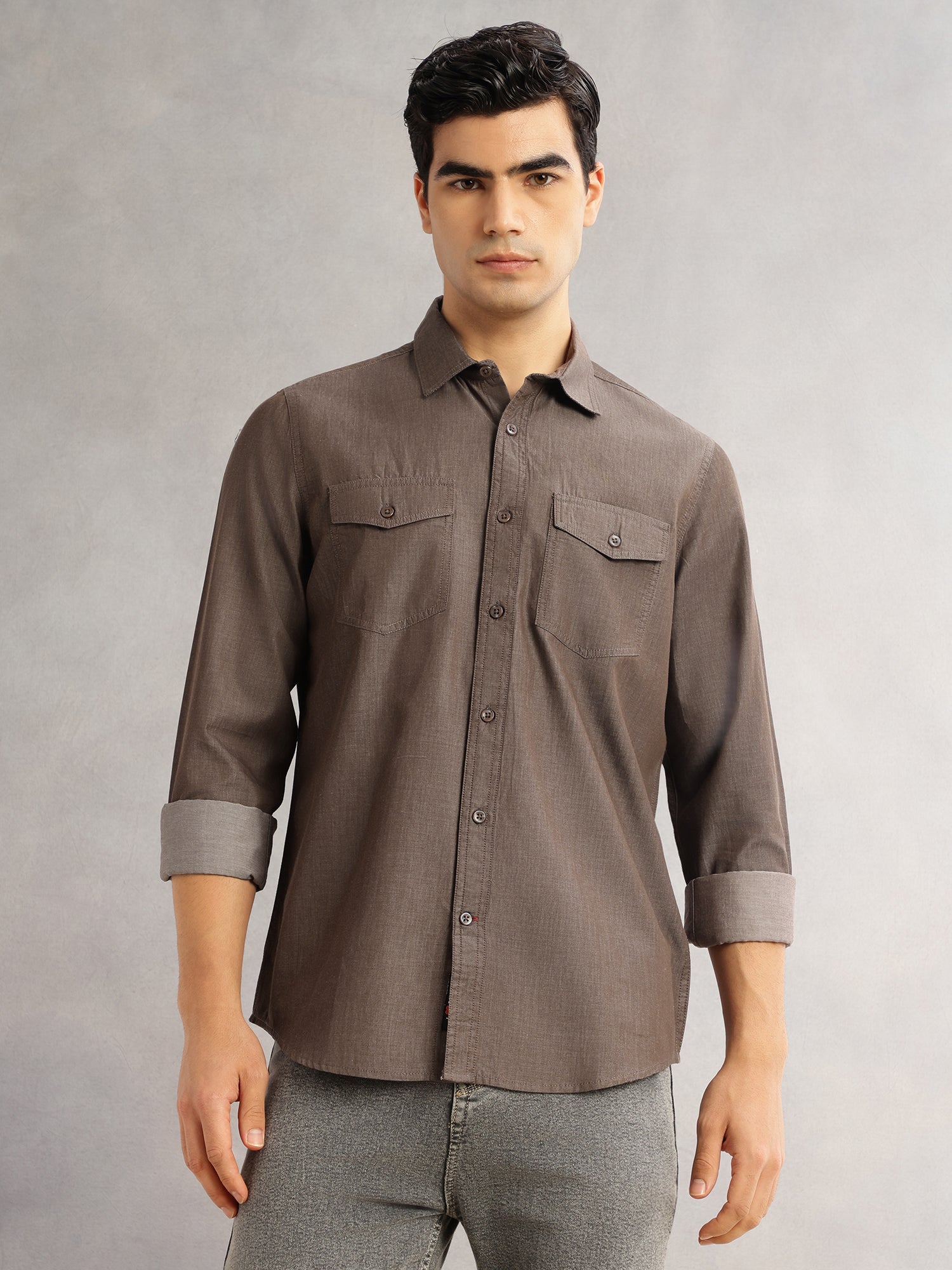 Thomas Scott Men Brown Slim Fit Long Sleeves Spread Collar Chambray 100% Cotton Casual Shirt