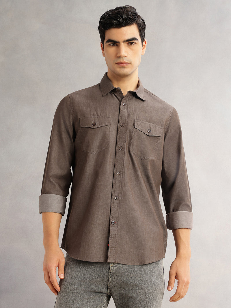 Thomas Scott Men Brown Slim Fit Long Sleeves Spread Collar Chambray 100% Cotton Casual Shirt