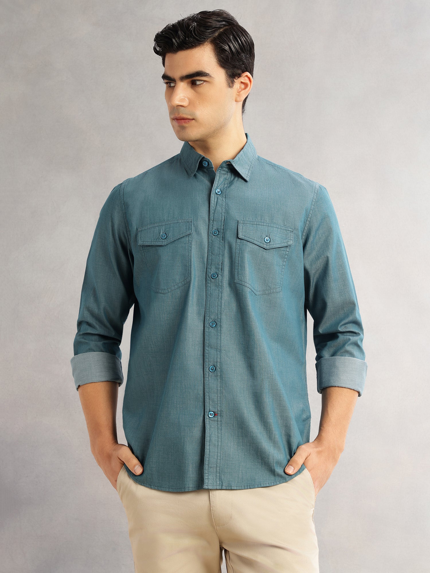 Thomas Scott Men Green Slim Fit Long Sleeves Spread Collar Chambray 100% Cotton Casual Shirt