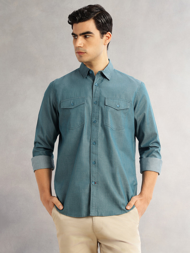 Thomas Scott Men Green Slim Fit Long Sleeves Spread Collar Chambray 100% Cotton Casual Shirt