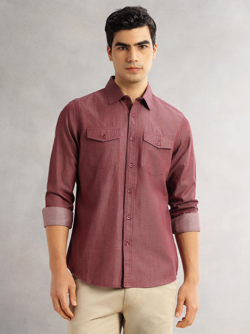 Thomas Scott Men Maroon Slim Fit Long Sleeves Spread Collar Chambray 100% Cotton Casual Shirt