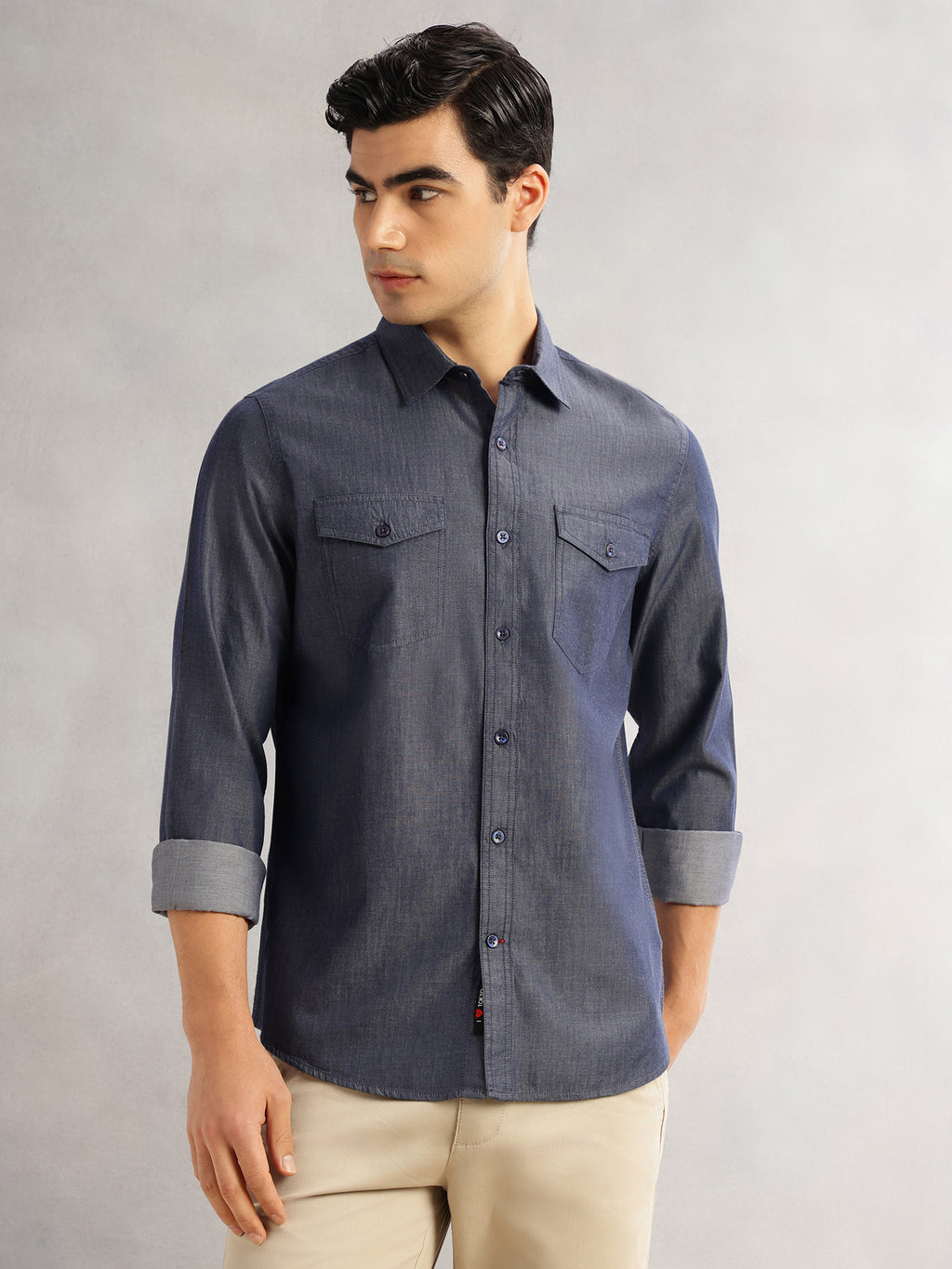 Thomas Scott Men Navy Slim Fit Long Sleeves Spread Collar Chambray 100% Cotton Casual Shirt