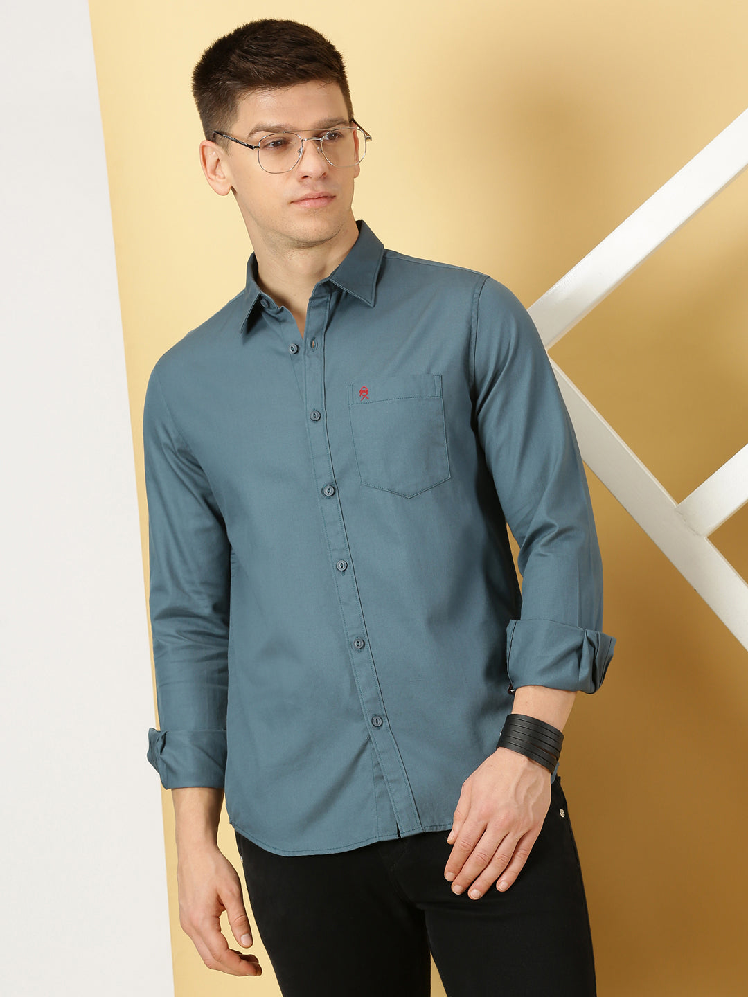 Thomas Scott Men Teal Slim Fit Long Sleeves Spread Collar 100% Cotton Flannel Casual Shirt