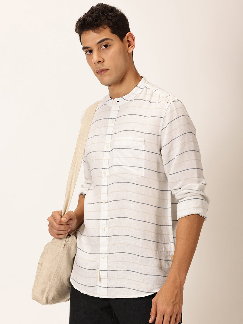 Thomas Scott Men Cream Slim Fit Long Sleeves Horizontal Stripes Linen Casual Shirt
