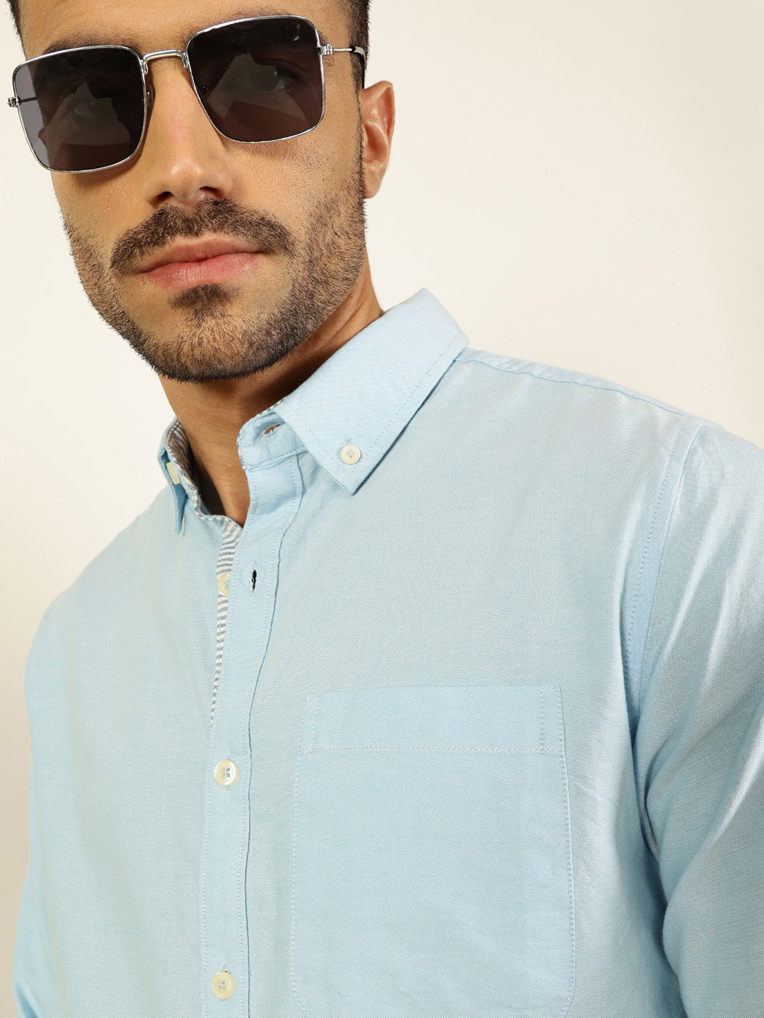 Thomas Scott Men Light Blue Slim Fit Long Sleeves Button-Down Collar 100% Cotton Casual Shirt