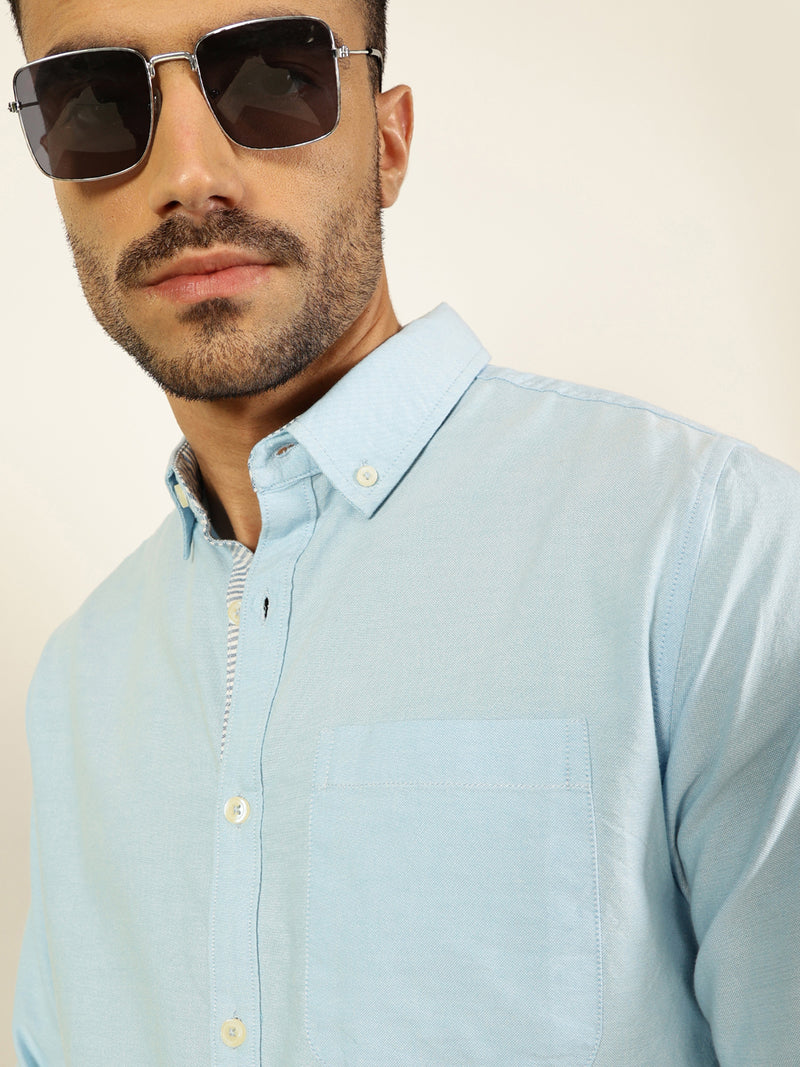 Thomas Scott Men Light Blue Slim Fit Long Sleeves Button-Down Collar 100% Cotton Casual Shirt