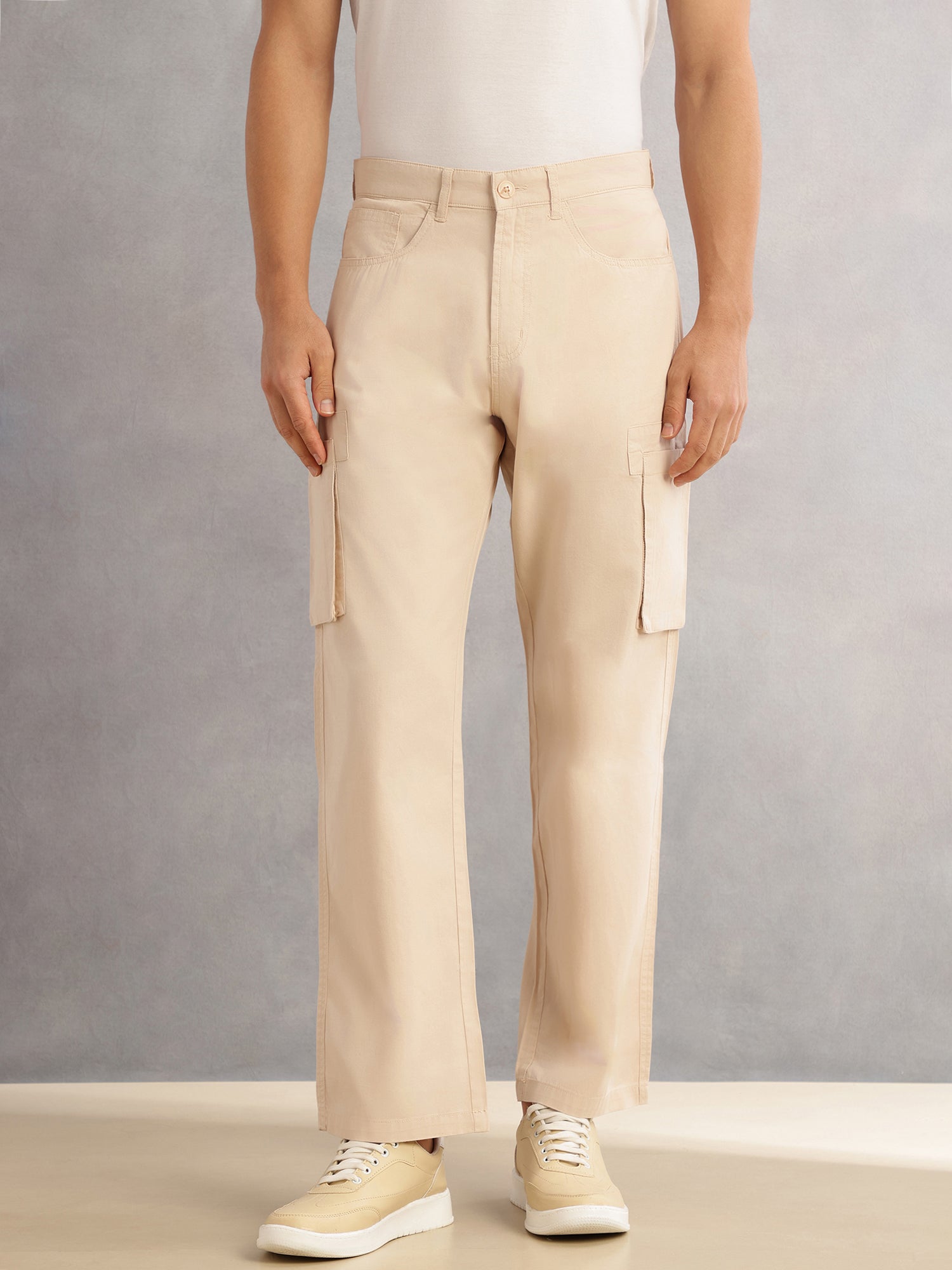 Thomas Scott Men Beige Cricket Club Straight Fit Mid-Rise Solid 100% Cotton Woven Cargo Trouser