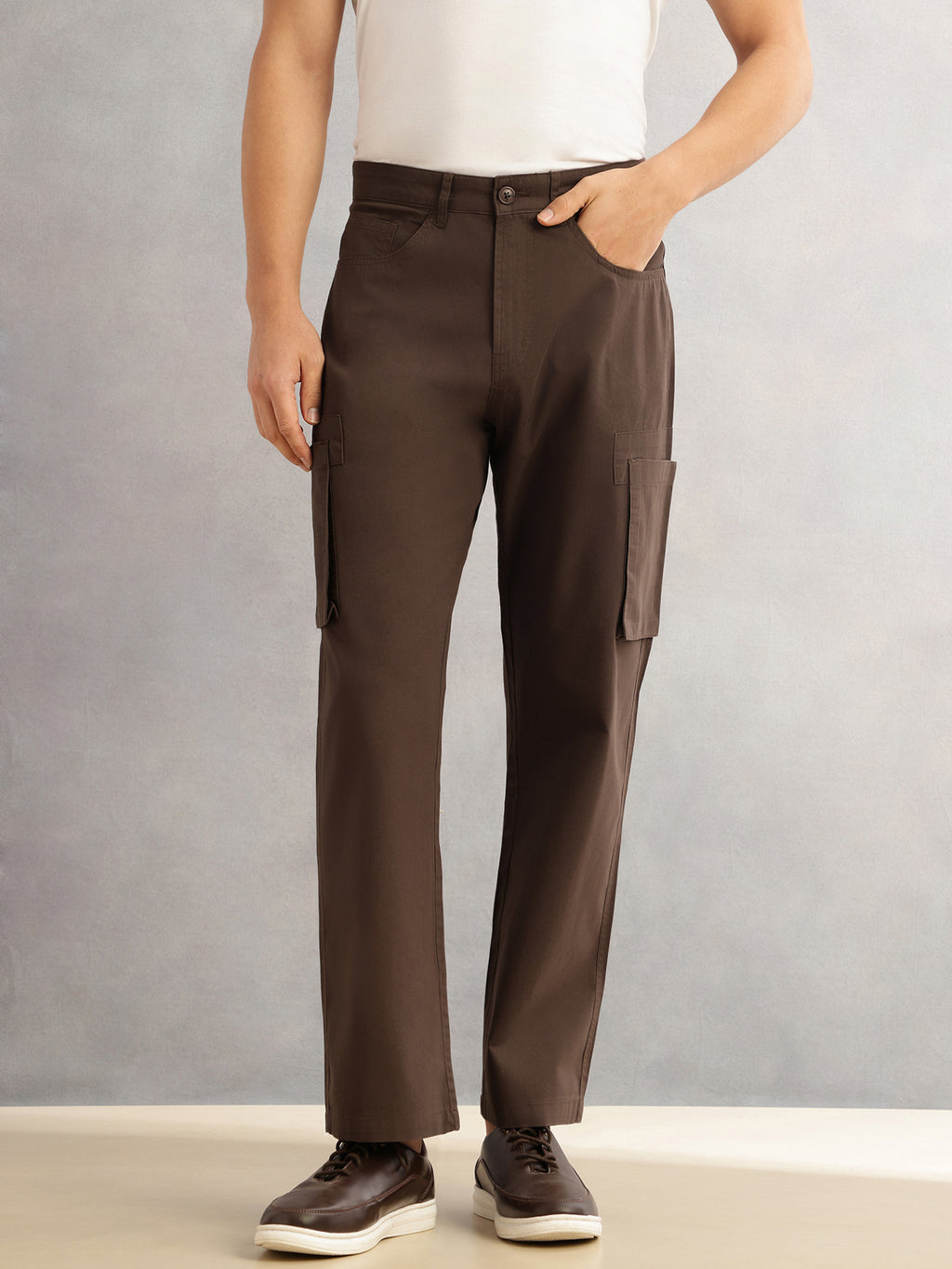 Thomas Scott Men Dark Brown Cricket Club Straight Fit Mid-Rise Solid 100% Cotton Woven Cargo Trouser