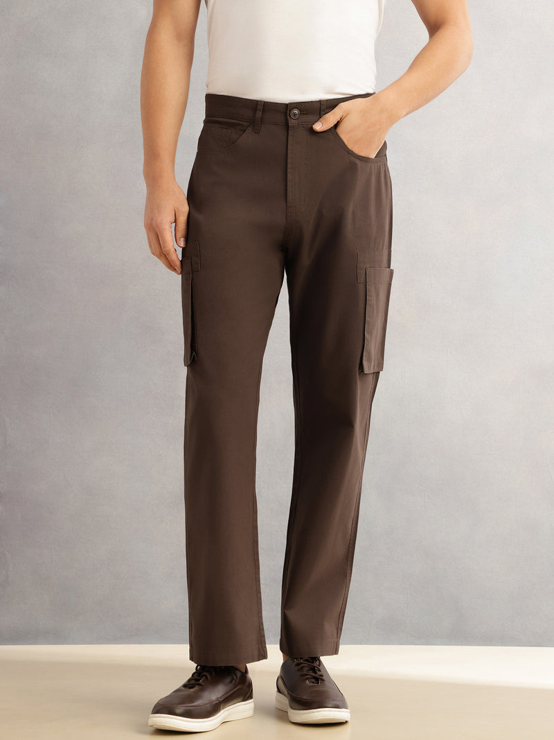 Thomas Scott Men Dark Brown Cricket Club Straight Fit Mid-Rise Solid 100% Cotton Woven Cargo Trouser