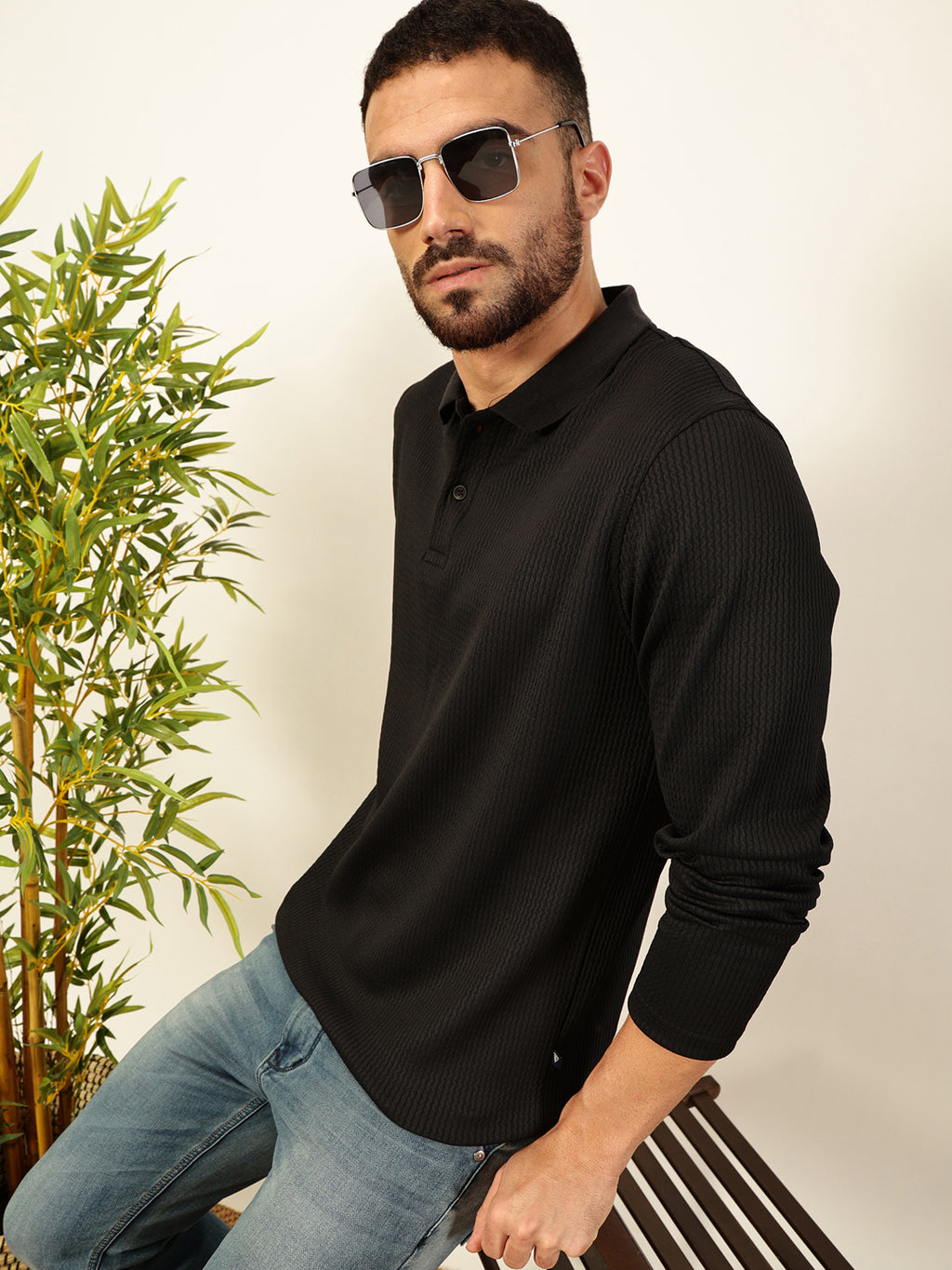 Thomas Scott Men Black Regular Fit Long Sleeves Pinstripes Polo Collar Knitted Tshirt