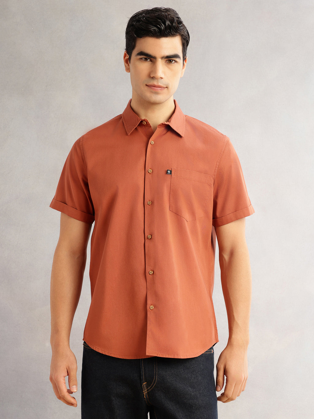 Thomas Scott Men Rust Premium Slim Fit Short Sleeves Spread Collar Solid 100% Cotton Casual Shirt