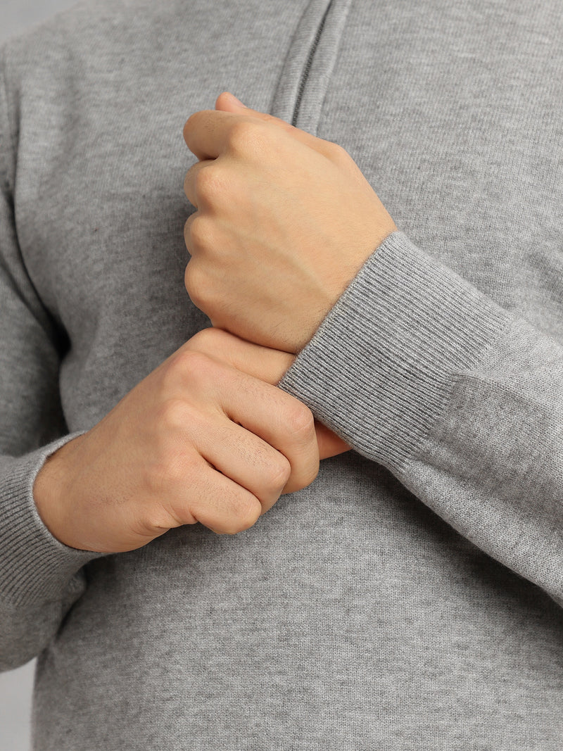Thomas Scott Men Grey Regular Fit Long Sleeves High Neck Solid Knitted Pullover Sweatshirt