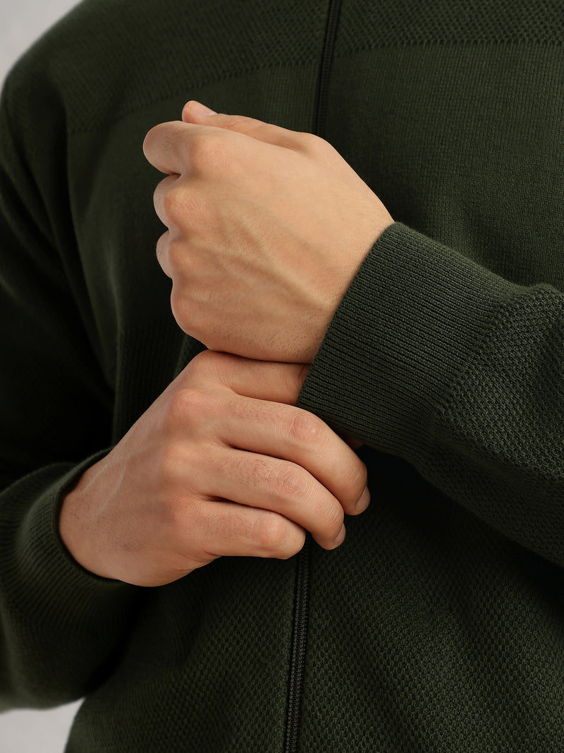 Thomas Scott Men Olive Regular Fit Long Sleeves 100% Cotton Solid Front Open Knitted Sweatshirt
