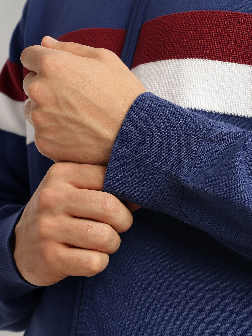 Thomas Scott Men Blue Regular Fit Long Sleeves High Neck Self Design 100% Cotton Knitted Sweatshirt