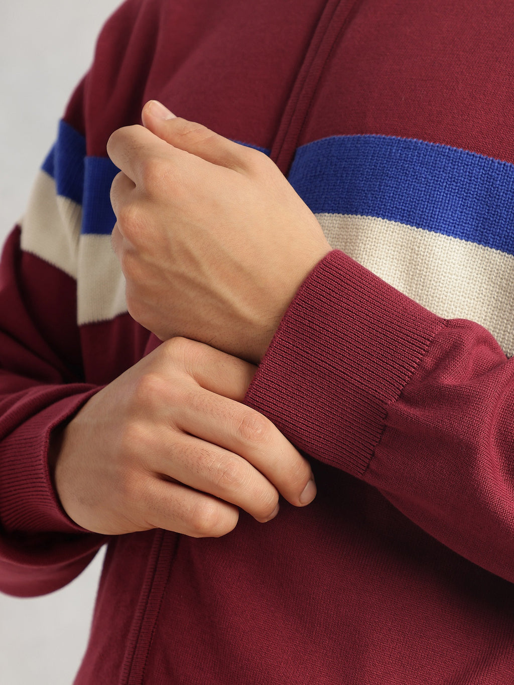 Thomas Scott Men Red Regular Fit Long Sleeves High Neck Self Design 100% Cotton Knitted Sweatshirt