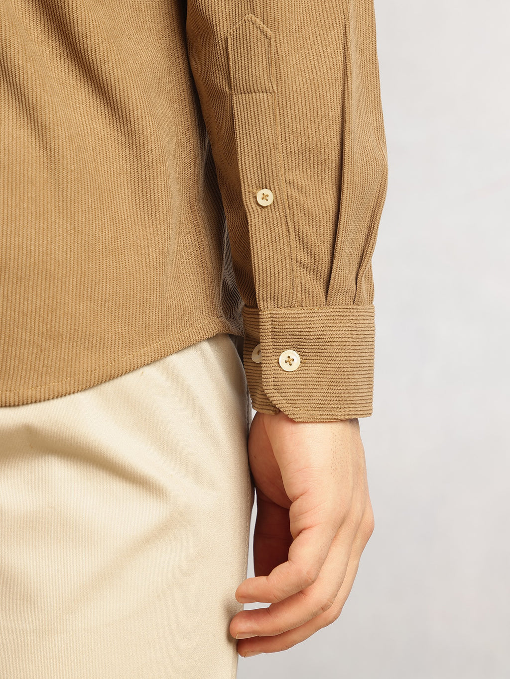 Thomas Scott Men Khaki Regular Fit Long Sleeves Spread Collar Corduroy Casual Shirt
