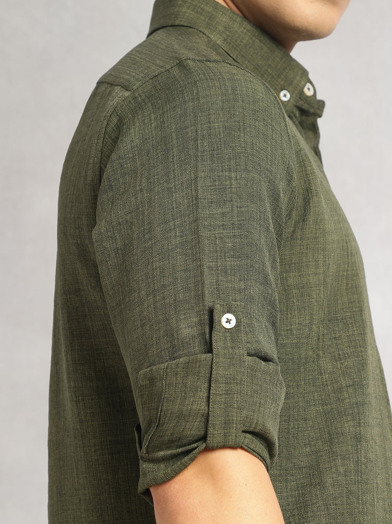 Thomas Scott Men Forest Green Slim Fit Long Sleeves Button-Down Collar Polyester Casual Shirt
