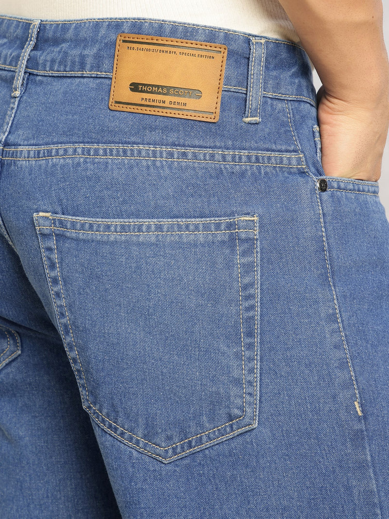 Thomas Scott Men Mid Blue Mid-Rise Baggy Fit No Fade Highly Distressed 100% Cotton Non Stretchable Jeans