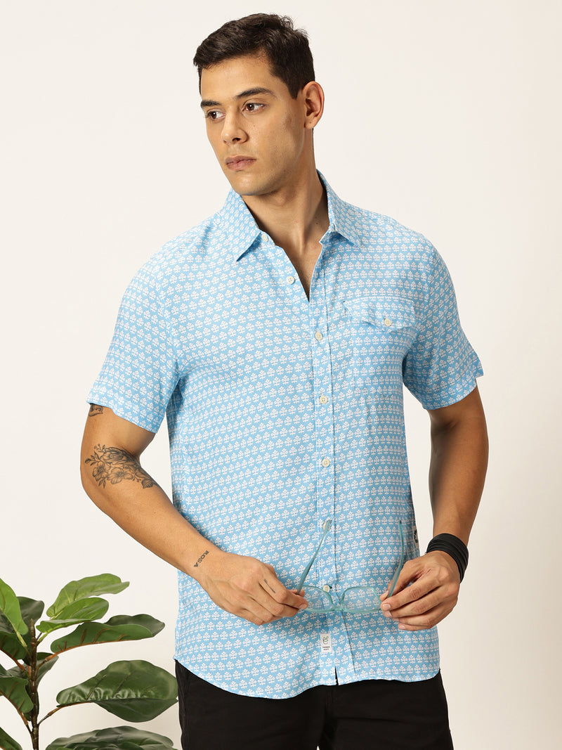 Thomas Scott Men Aqua Regular Fit Short Sleeves Spread Collar Floral Printed Casual Shirt