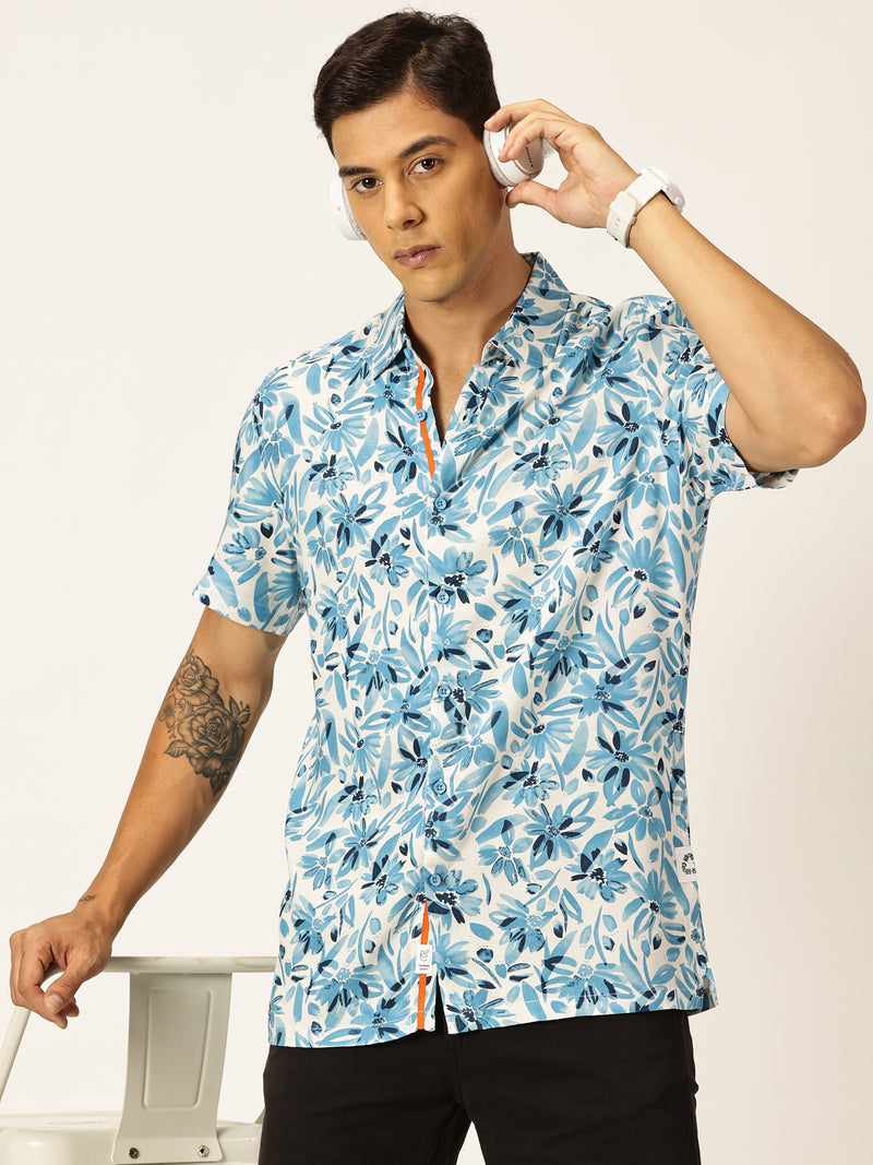 Thomas Scott Men Aqua Regular Fit Short Sleeves Spread Collar Tropical Printed Casual Shirt