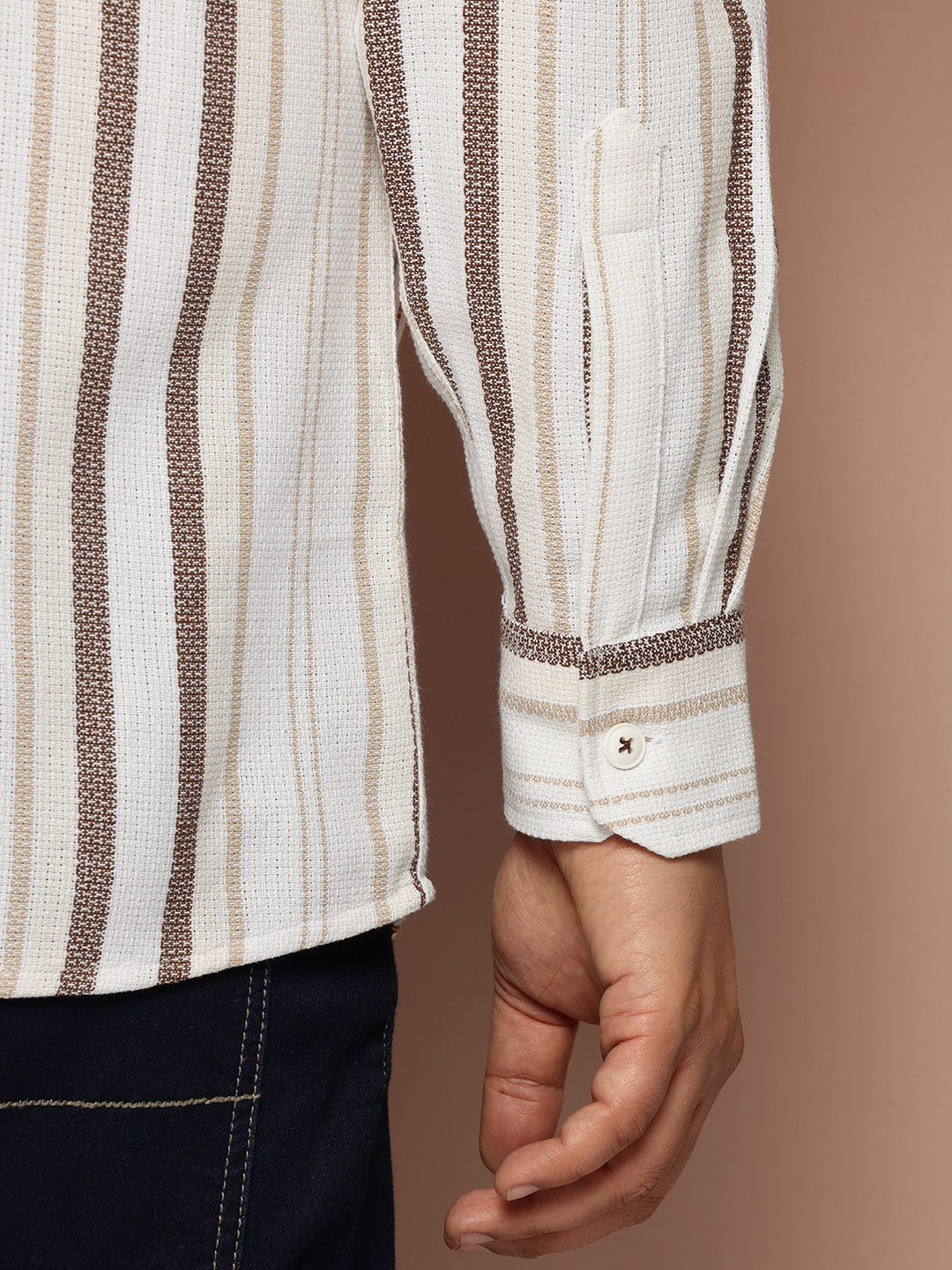 Thomas Scott Men Cream Plus Size Regular Fit Long Sleeves Spread Collar Multi Stripes 100% Cotton Casual Shirt