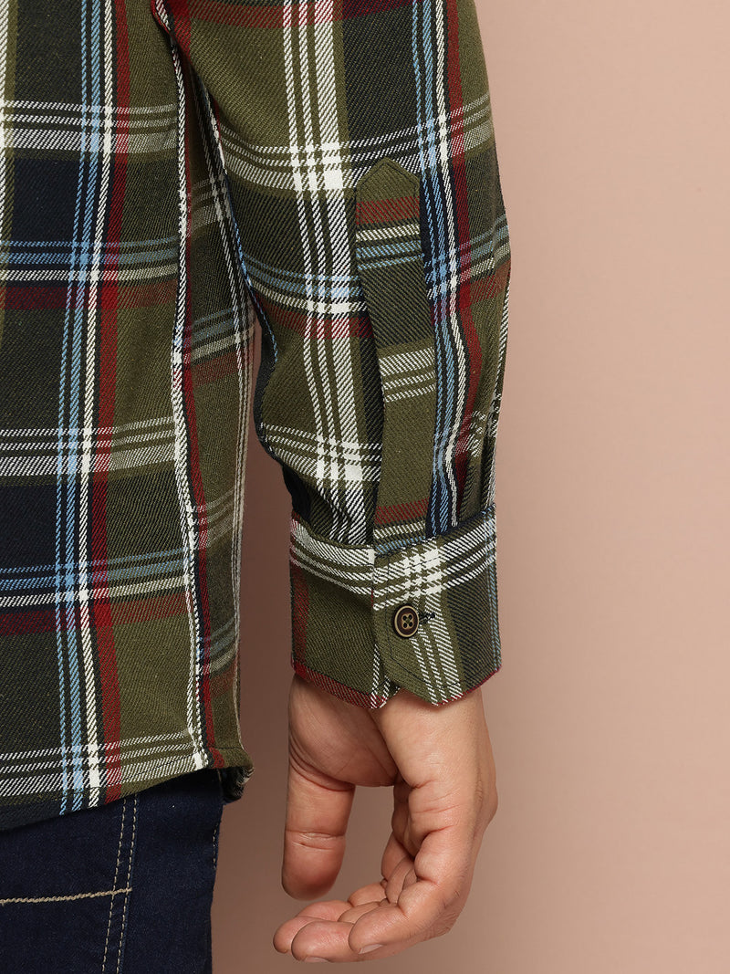 Thomas Scott Men Green Plus Size Regular Fit Long Sleeves Spread Collar Shepherd Checks 100% Cotton Casual Shirt