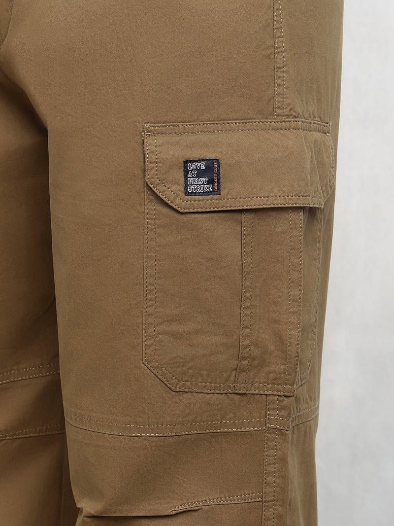 Thomas Scott Men Khaki Cricket Club Collection Mid-Rise 100% Cotton Loose Fit Solid Woven Cargo Trouser