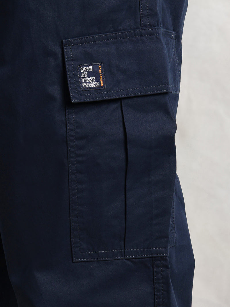 Thomas Scott Men Navy Cricket Club Collection Cargo Fit Mid Rise Solid 100% Cotton Woven Joggers